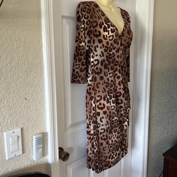 Clara Sun Woo Animal Print Slinky Knit Ruched Dress Woman Size Medium Faux Wrap - Picture 3 of 11